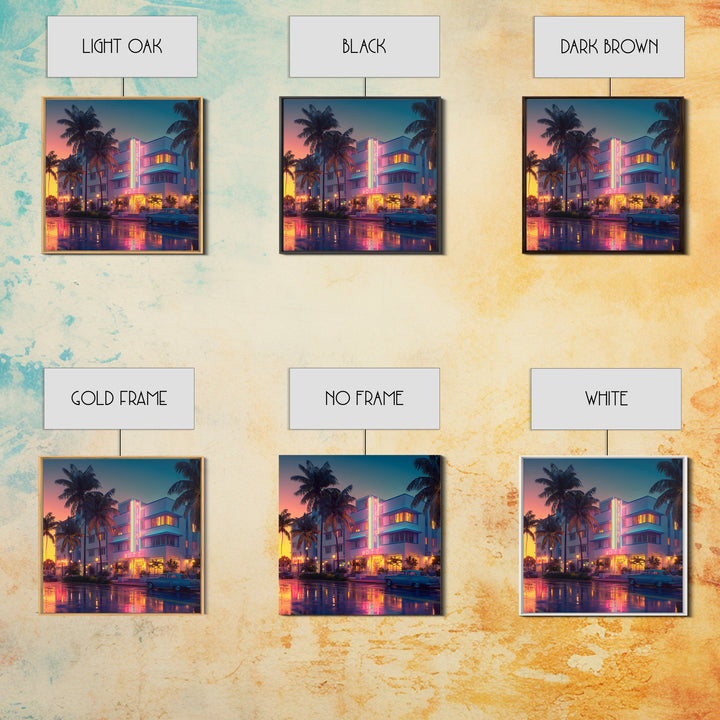 Miami Art Deco Hotel Night Cityscape Wall Art, Neon Coastal Canvas Print, Retro Urban Home Decor For Living Room