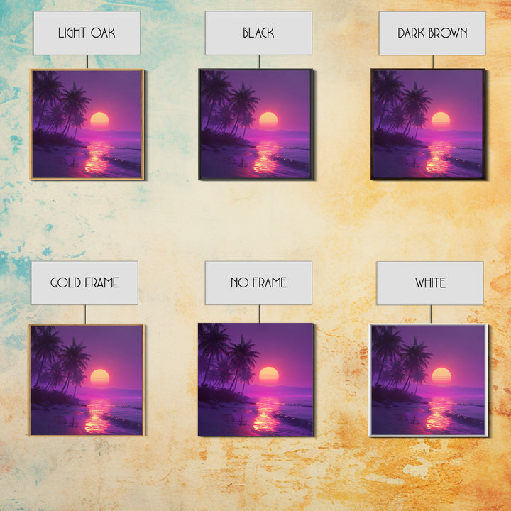 Neon Tropical Beach Sunset Wall Art, Vaporwave Palm Trees Canvas Print, Coastal Retro Ocean Art For Bedroom Or Living Room Decor
