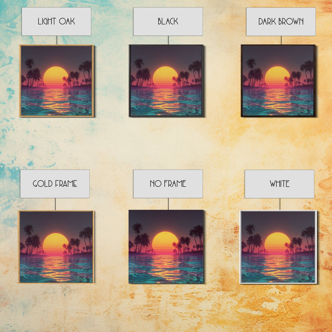 Neon Sunset Palm Beach Wall Art For Coastal Home Decor, Retro Tropical Ocean Canvas Print, Modern Coastal Wall Art