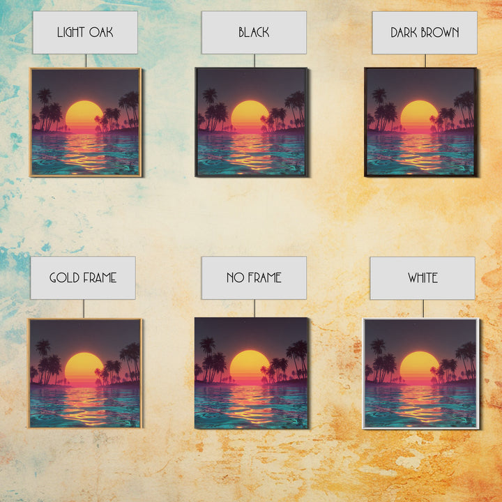 Neon Sunset Palm Beach Wall Art For Coastal Home Decor, Retro Tropical Ocean Canvas Print, Modern Coastal Wall Art