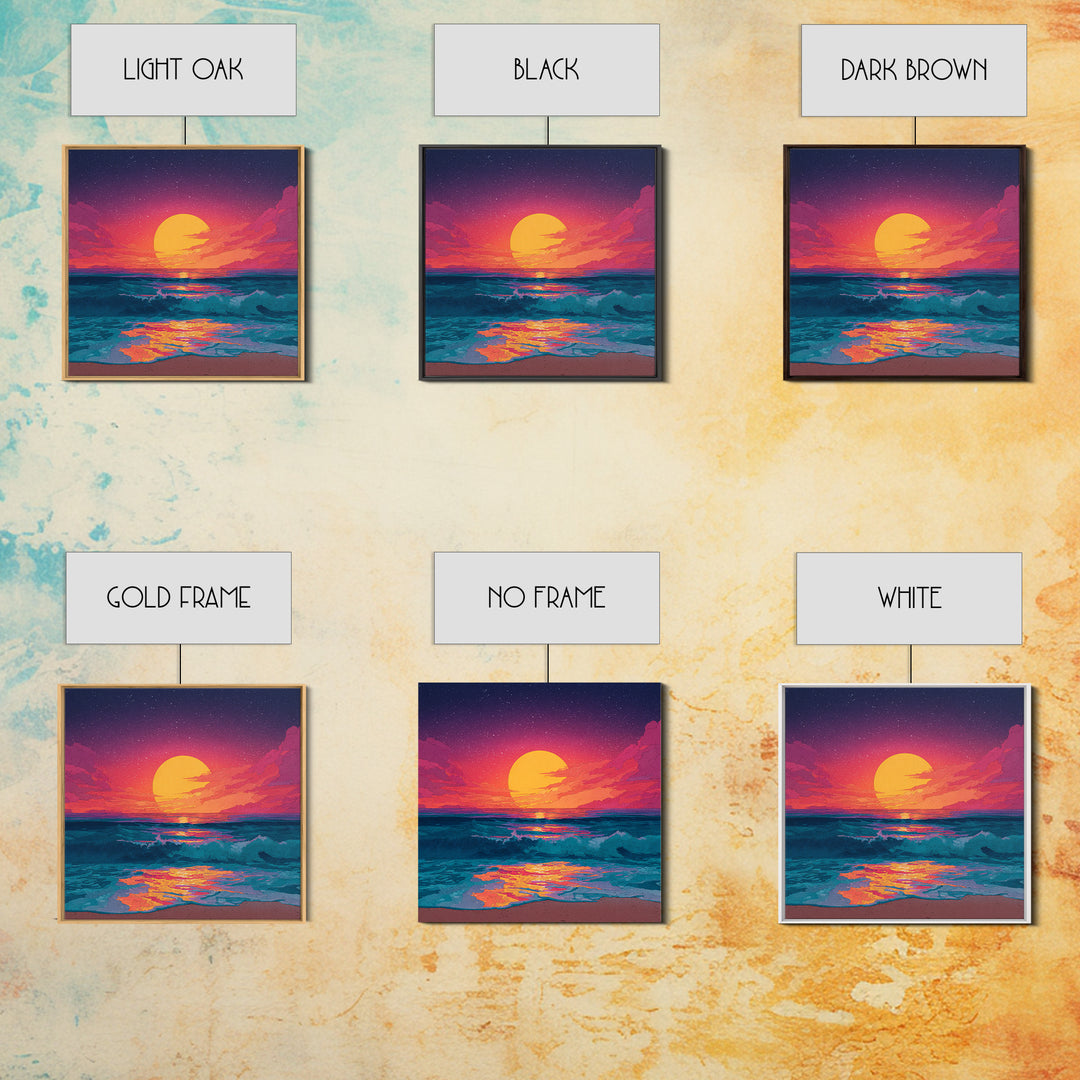 Colorful Ocean Sunset Waves Wall Art, Retro Beach Canvas Print, Modern Coastal Decor, Vibrant Seascape Living Room Art