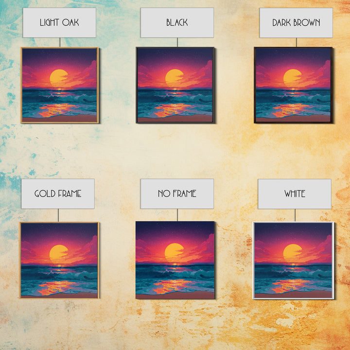 Colorful Ocean Sunset Waves Wall Art, Retro Beach Canvas Print, Modern Coastal Decor, Vibrant Seascape Living Room Art