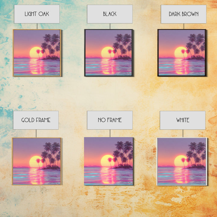 Dreamy Tropical Palm Trees Pink Sunset Beach Canvas Print, Coastal Wall Art, Vaporwave Ocean Decor, Pastel Summer Poster