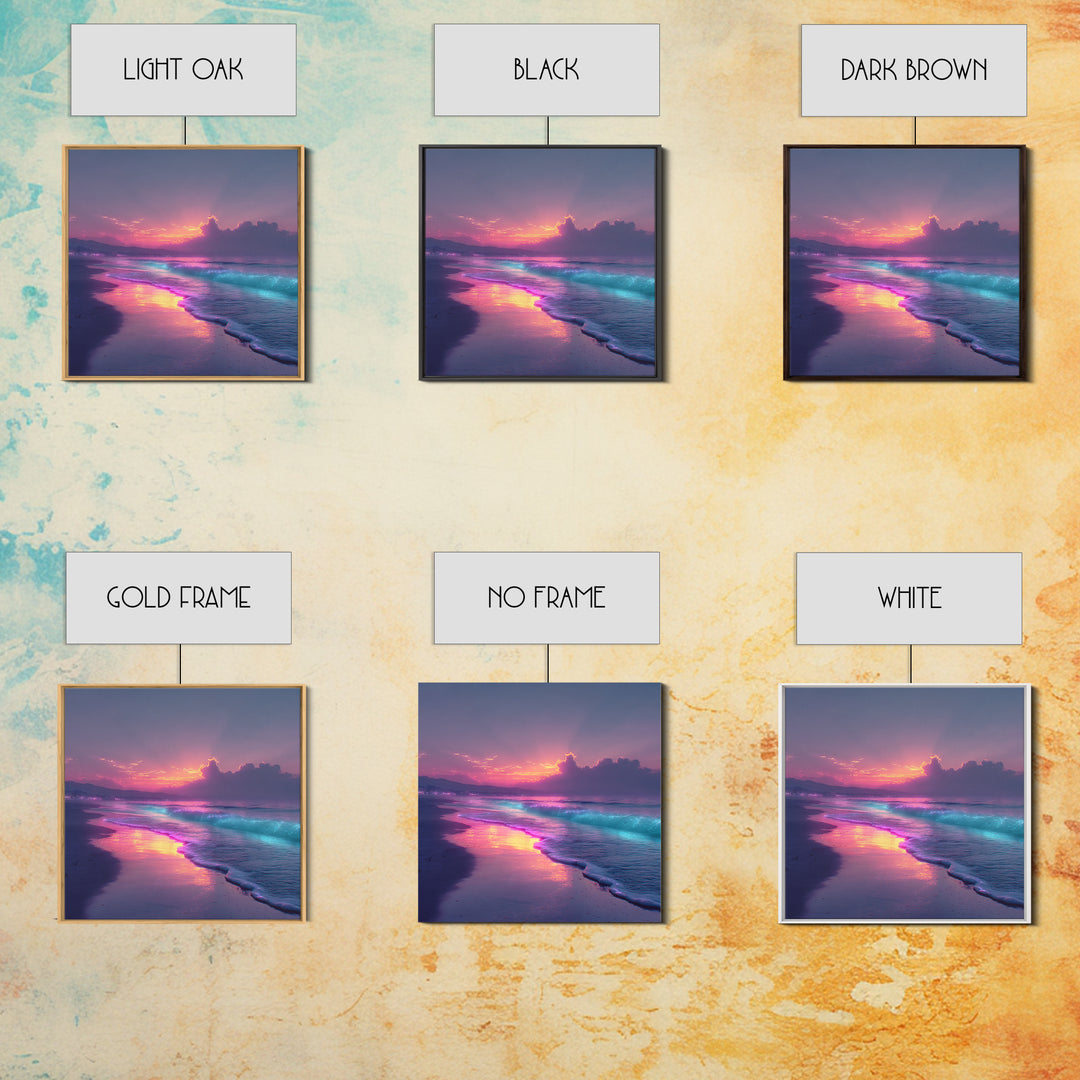 Vibrant Neon Ocean Sunset Landscape Large Wall Art Canvas Print Contemporary Coastal Home Decor