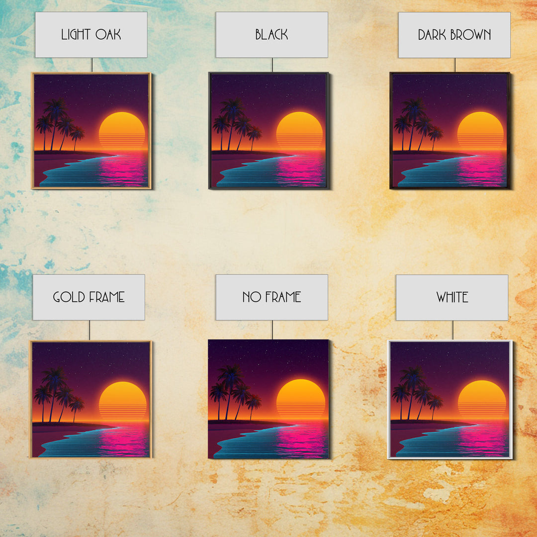 Neon Island Sunset Palm Tree Canvas Print, Retro Tropical Beach Wall Art, Bold Synthwave Coastal Decor, Colorful Bedroom Wall Art