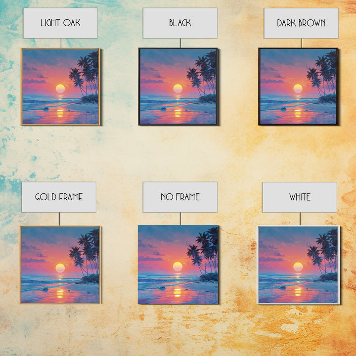 Dreamy Tropical Beach Sunset With Palms Wall Art, Pastel Coastal Canvas Print For Relaxing Modern Home Decor