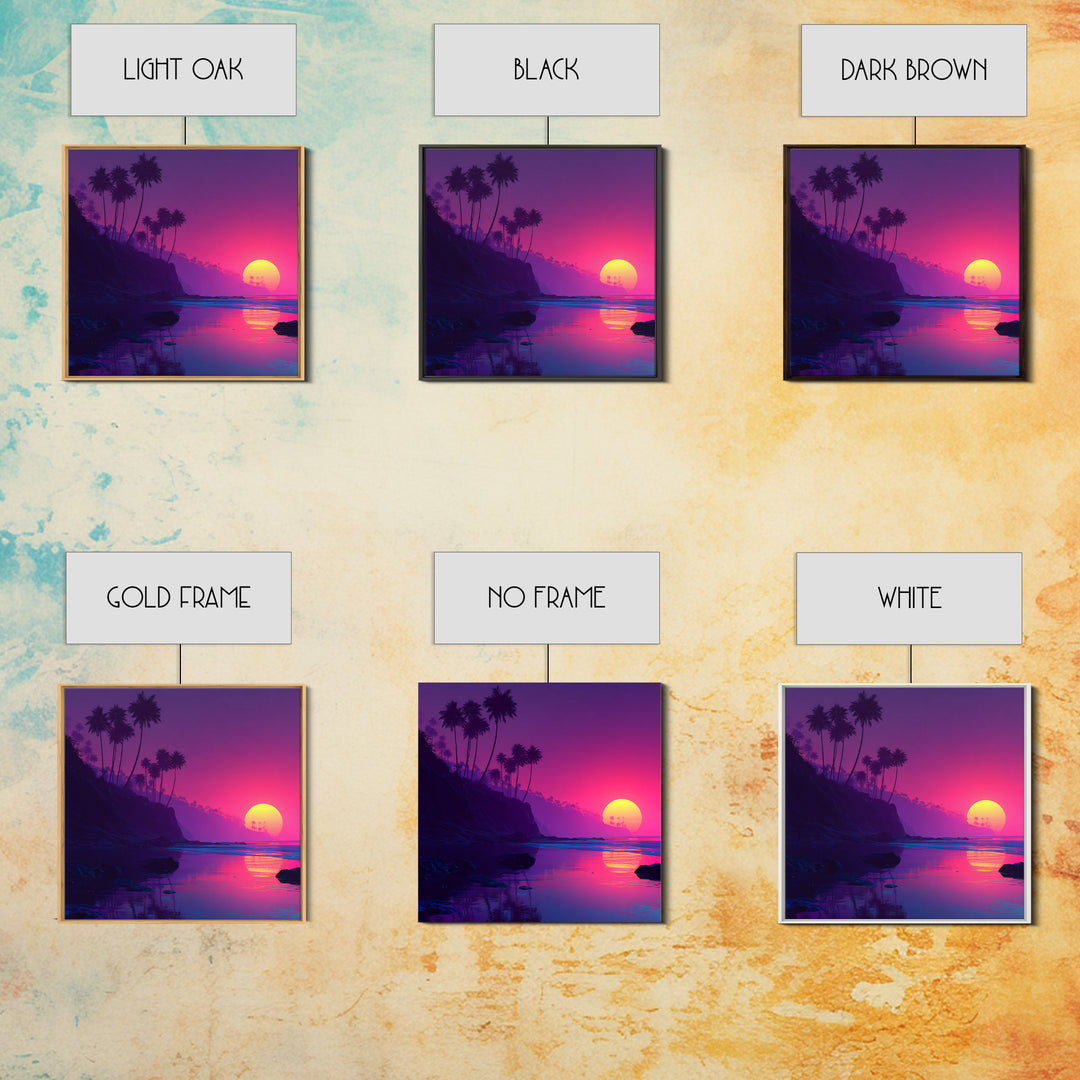 Neon Sunset Tropical Beach Wall Art, Vibrant Palm Tree Coastal Canvas Print For Modern Coastal Home And Bedroom Decor