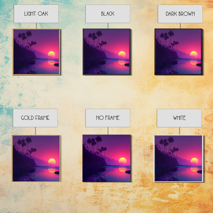Neon Sunset Tropical Beach Wall Art, Vibrant Palm Tree Coastal Canvas Print For Modern Coastal Home And Bedroom Decor
