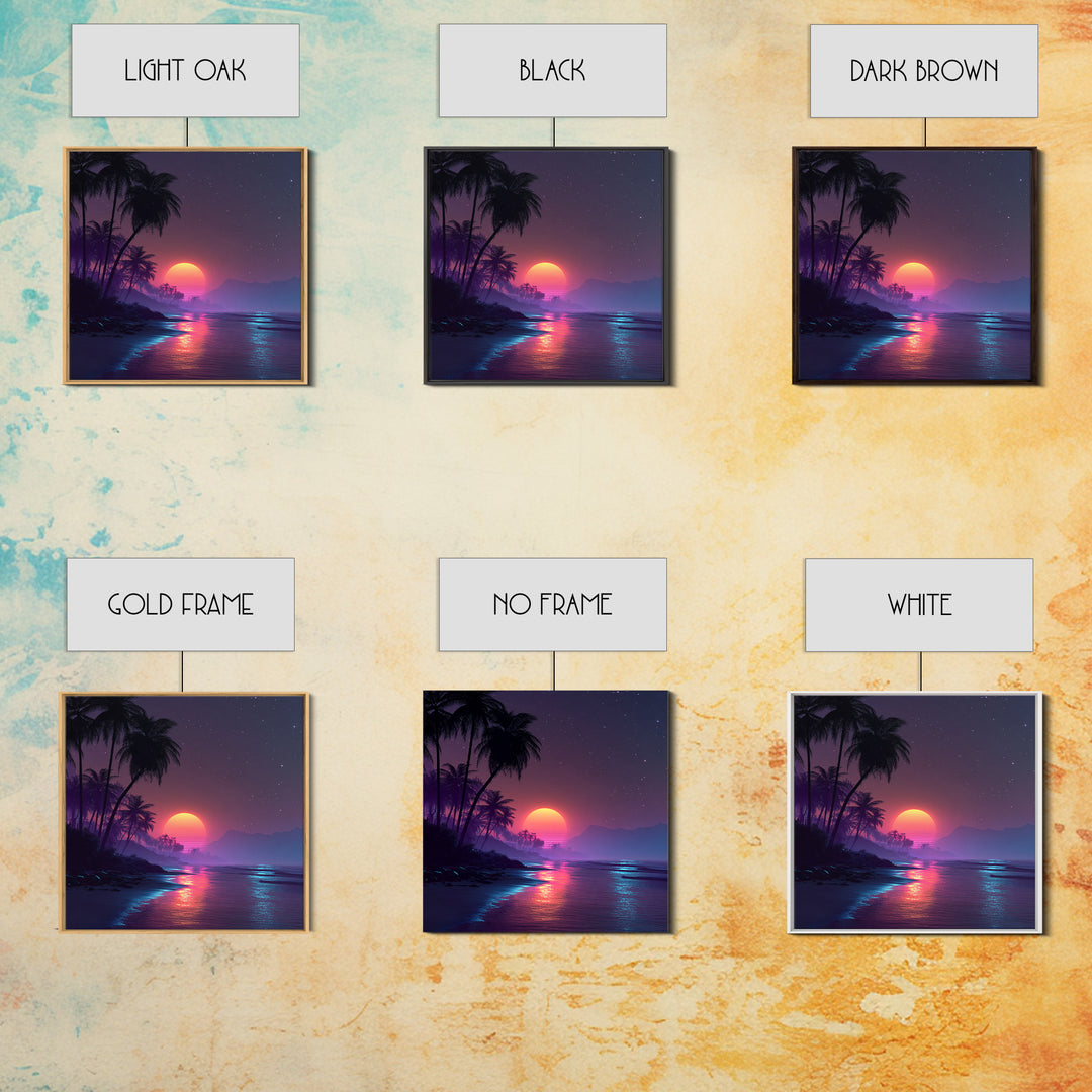Neon Tropical Beach Sunset Wall Art, Retro Coastal Palm Tree Canvas Print, Vibrant Ocean Night Sky Home Decor