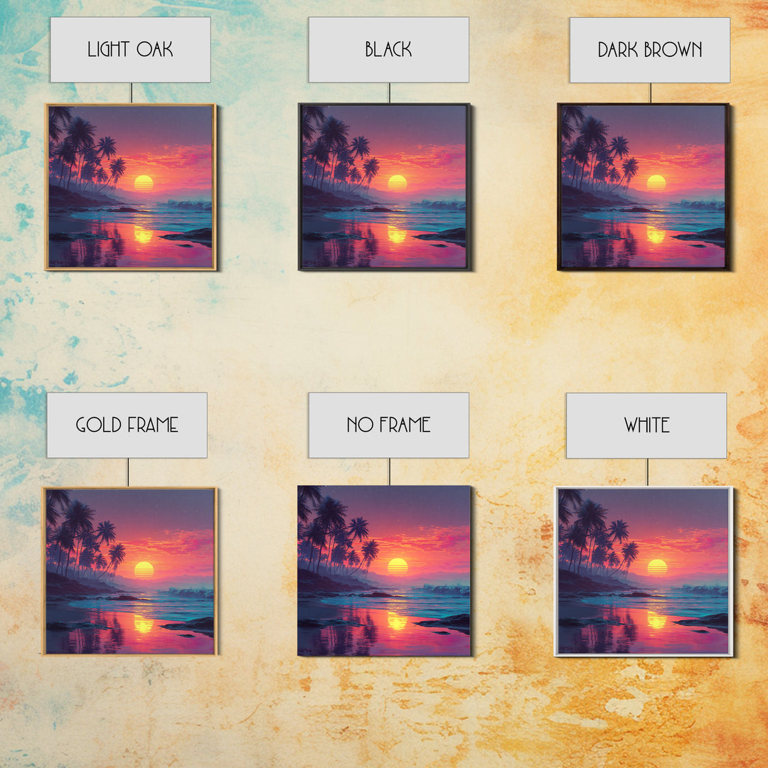 Tropical Pink Sunset Beach Wall Art, Palm Tree Coastal Ocean Canvas Print For Modern Coastal Decor And Bedroom Wall