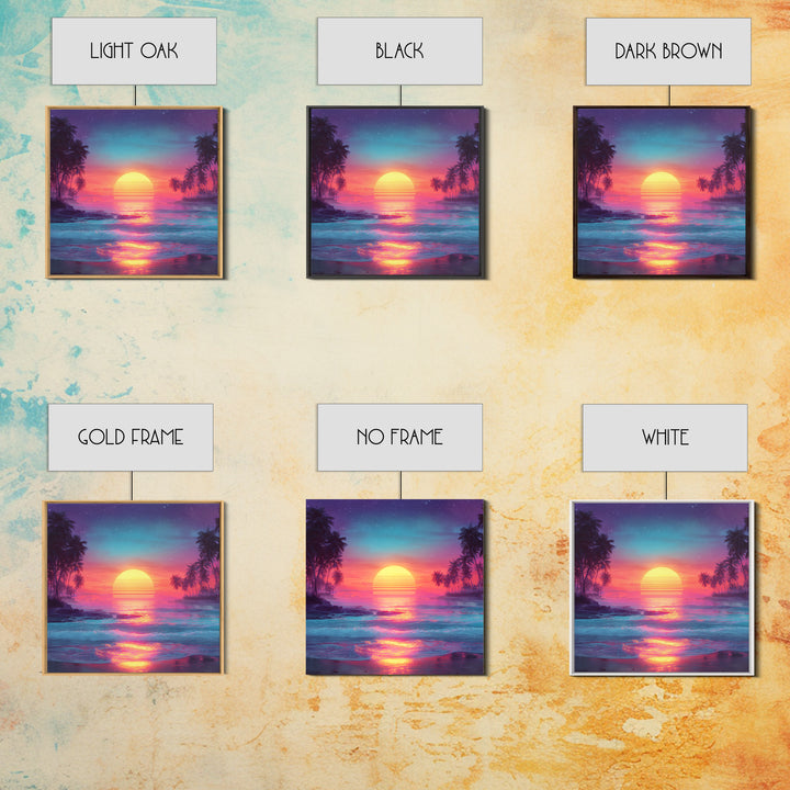 Neon Tropical Sunset Beach Wall Art, Retro Ocean Landscape Canvas Print, Coastal Home Decor, Modern Abstract Seascape