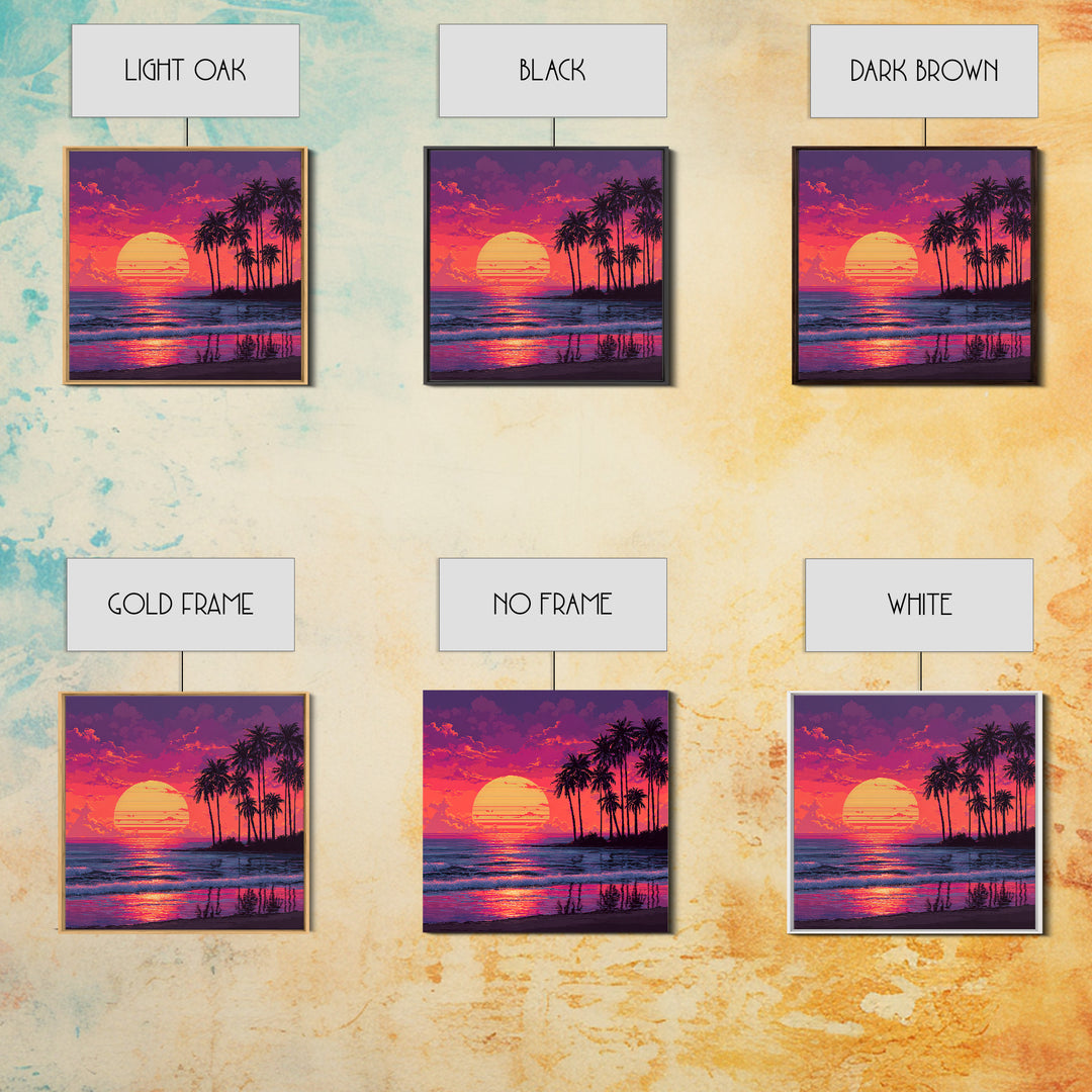 Pixel Art Tropical Sunset Beach Wall Art, Retro 8 Bit Palm Landscape Canvas Print, Colorful Gaming Room Decor