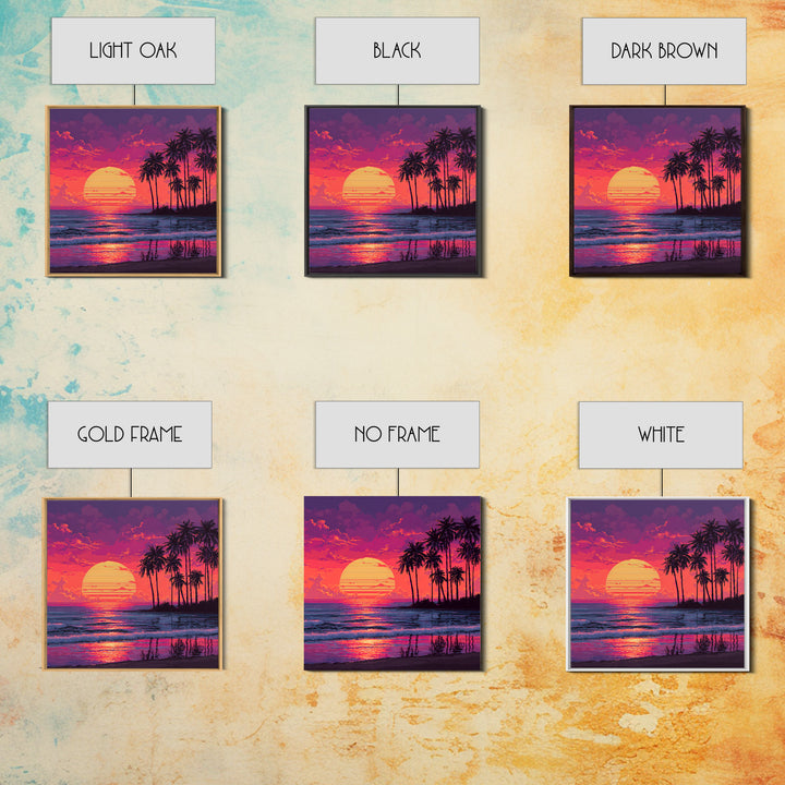 Pixel Art Tropical Sunset Beach Wall Art, Retro 8 Bit Palm Landscape Canvas Print, Colorful Gaming Room Decor