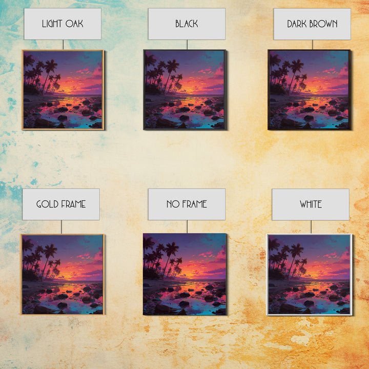 Serene Tropical Sunset With Palm Trees Reflection Over Water Vibrant Wall Art Framed Canvas Print For Coastal Home Decor