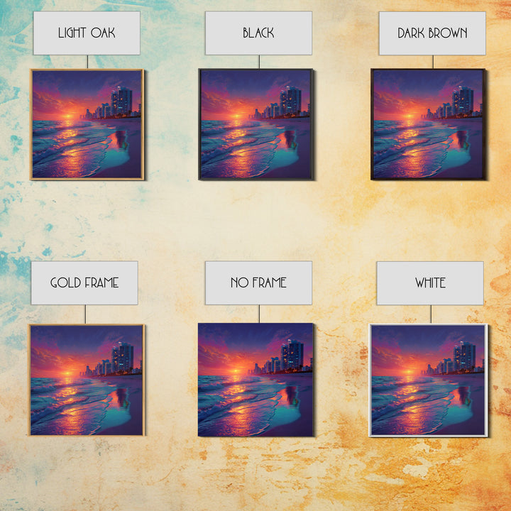 Vibrant City Beach Sunset Skyline Canvas Print, Colorful Coastal Wall Art, Modern Ocean Painting Living Room Home Decor
