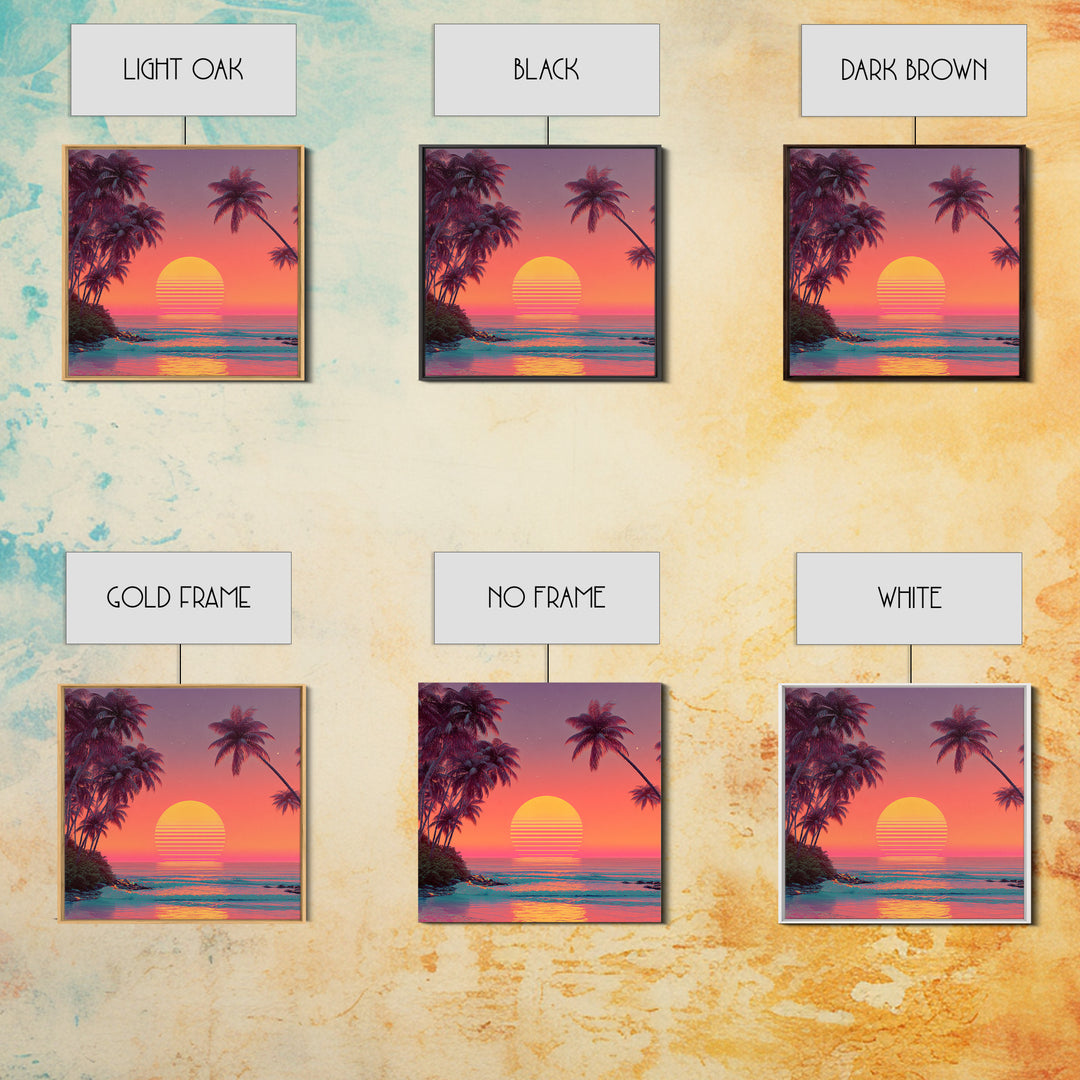 Retro Tropical Sunset Beach With Palm Trees Neon Wall Art, Colorful Coastal Canvas Print, Summer Room Decor