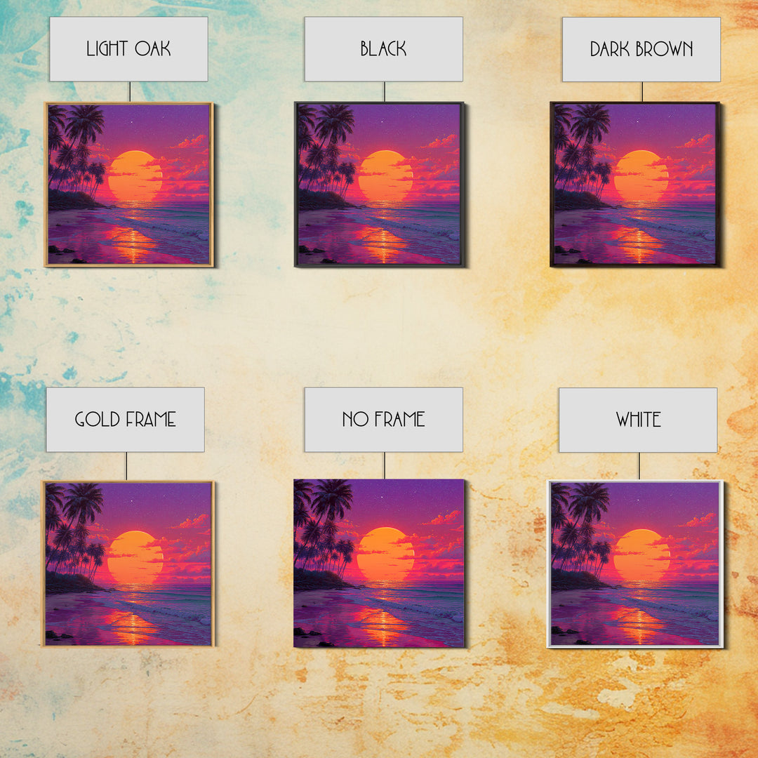 Vibrant Tropical Sunset Beach Wall Art, Palm Tree Ocean Horizon Print, Retro Coastal Summer Decor Canvas Print