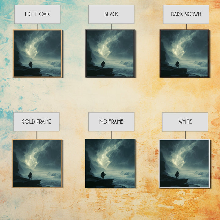 Lone Viking Facing Lightning Over Stormy Sea Wall Art, Dark Seascape Art, Fantasy Wall Decor, Moody Coastal Decor, Gift For Him