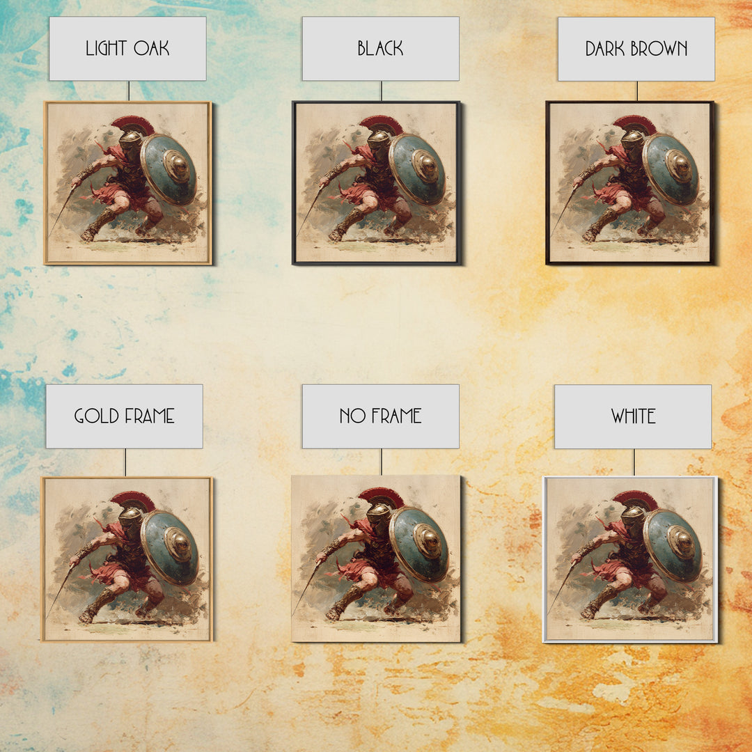 Spartan Warrior With Shield Wall Art, Red Plume Gladiator Action Painting, Bold Classical Canvas Print For Game Room Decor