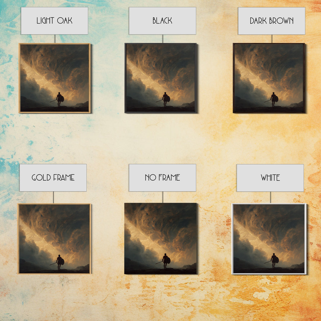 Warrior Beneath Golden Storm Clouds Canvas Print, Epic Fantasy Landscape Painting, Dramatic Wall Decor For Men, Living Room Decor