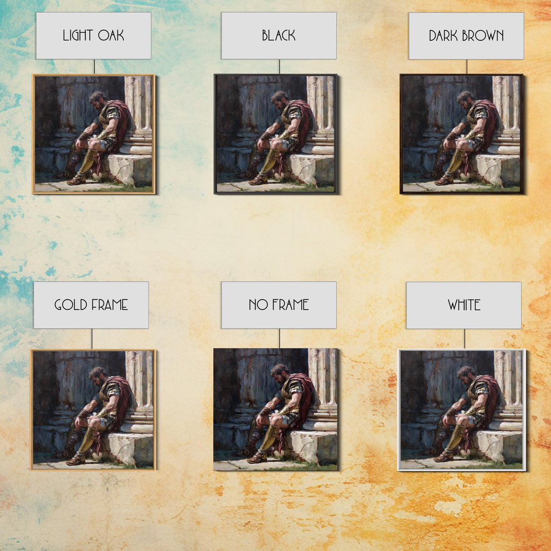 Weary Roman Soldier Resting Beside Columns Framed Canvas Print, Classical Portrait Art, Historical Wall Decor, Gift For Him