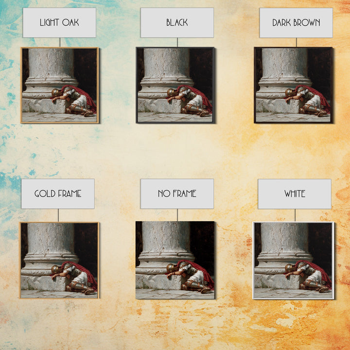 Fallen Roman Soldier Beside Marble Column, Classical Framed Canvas Print, Historical Wall Art, Ancient Rome Decor, Museum Style