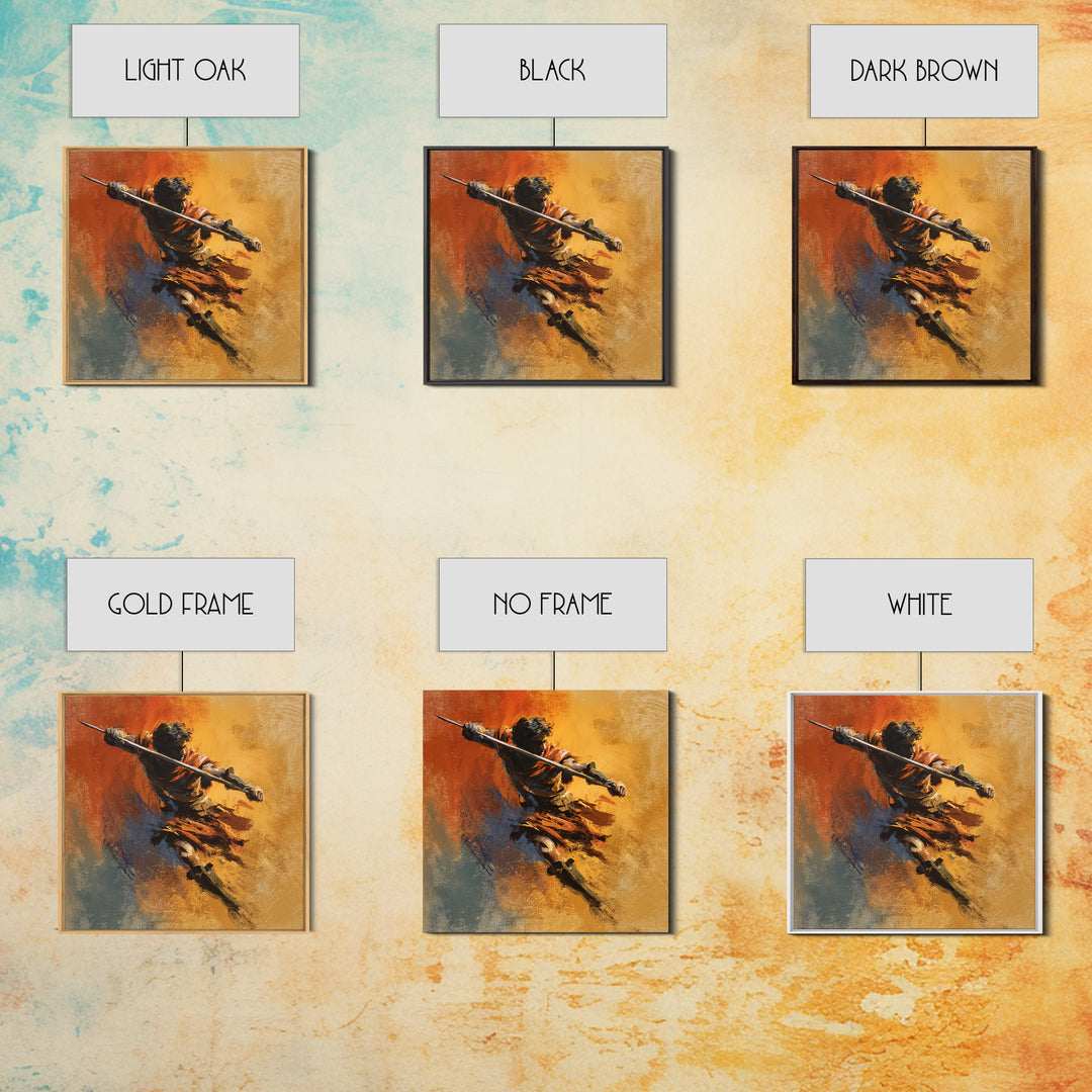 Dynamic Spear Warrior In Orange Canvas Print, Abstract Battle Figure Wall Art, Bold Fantasy Decor, Energetic Statement Art