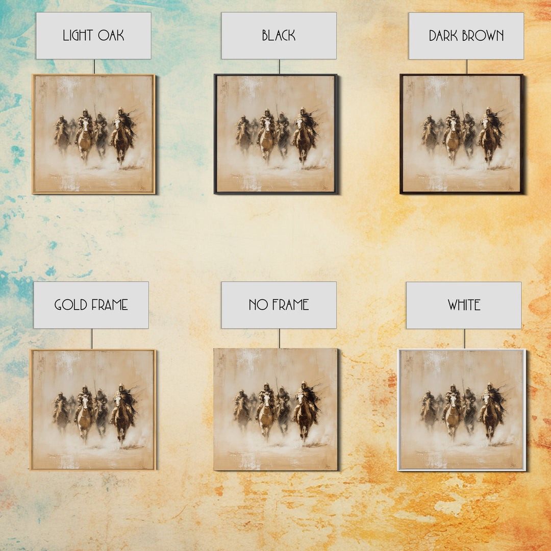 Four Dusty Medieval Horsemen Large Wall Art, Neutral Cavalry Painting, Rustic Western Canvas For Living Room And Office Decor Gift