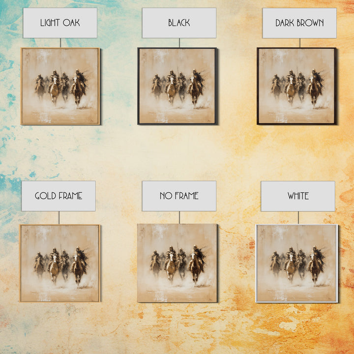Four Dusty Medieval Horsemen Large Wall Art, Neutral Cavalry Painting, Rustic Western Canvas For Living Room And Office Decor Gift
