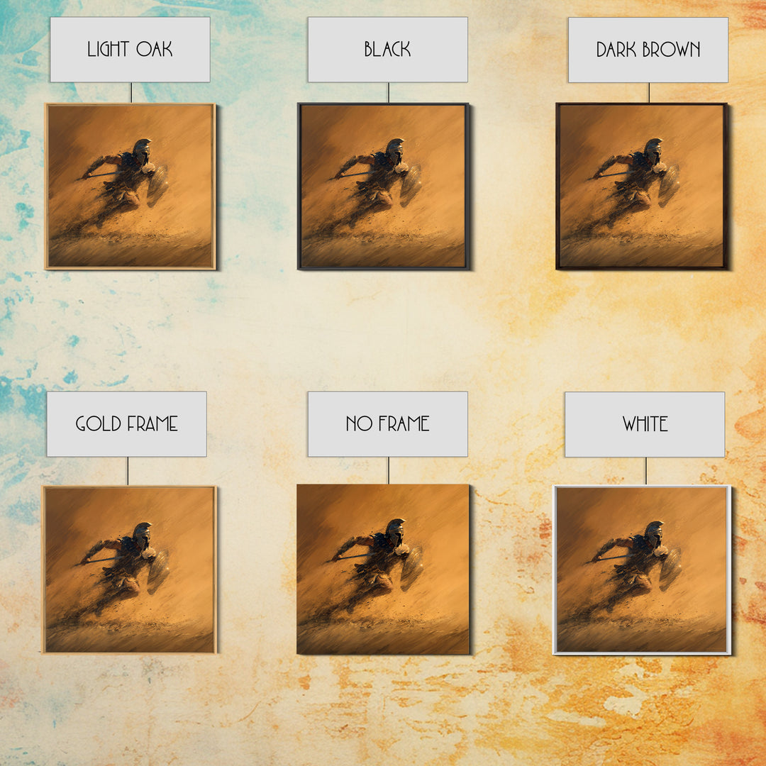 Spartan Warrior Charging Through Sandstorm Canvas Print, Greek Wall Art, Action Painting, Warm Orange Decor, Gift For Him