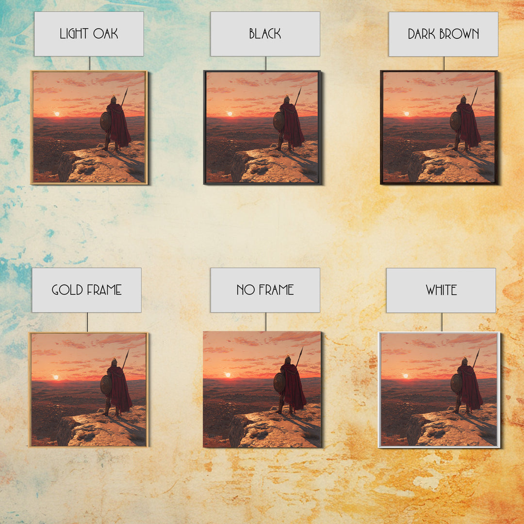 Ancient Warrior At Sunset Over Valley Canvas Print, Spartan Wall Art, Historical Landscape, Masculine Office Decor Gift Idea