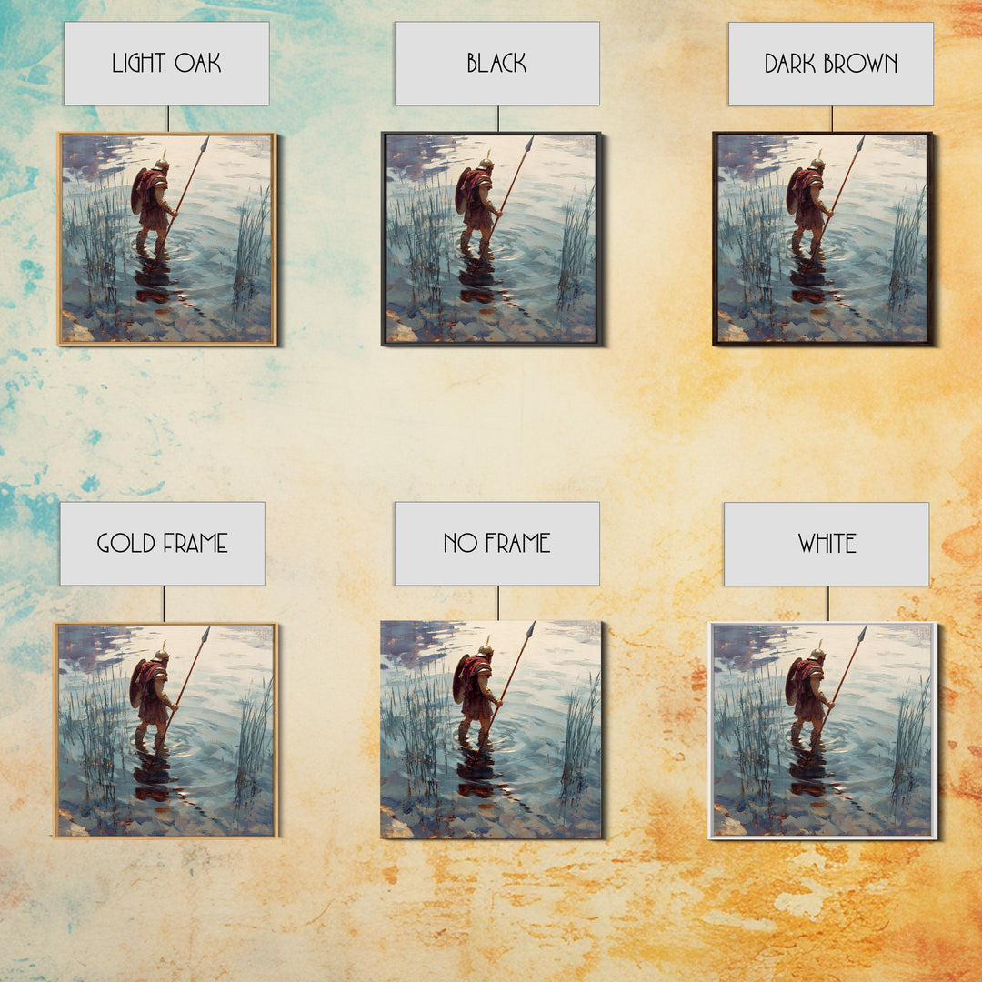 Solitary Warrior Wading Through Water Wall Art, Roman Spearman Landscape, Coastal Blue Canvas Print For Living Room Decor