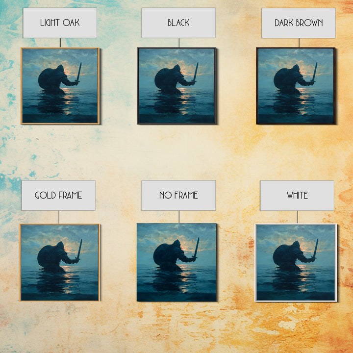 Lone Warrior Rising From The Sea Wall Art, Blue Ocean Sword Painting, Mythic Coastal Canvas Print For Dramatic Living Room Decor