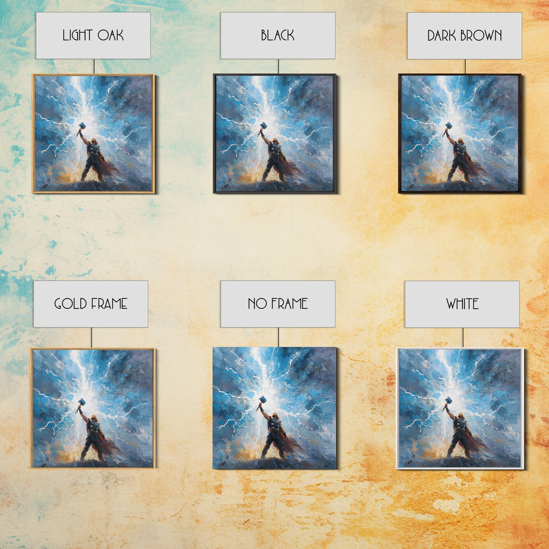 Thunder God Raising Hammer Wall Art, Norse Mythology Canvas Print, Lightning Storm Oil Painting, Viking Decor Gift For Him