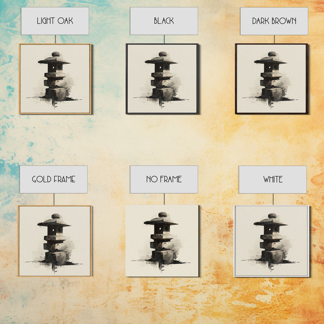 Minimal Japanese Stone Lantern Wall Art, Ink Style Zen Painting, Wabi Sabi Neutral Print For Japandi Home Decor And Entryway