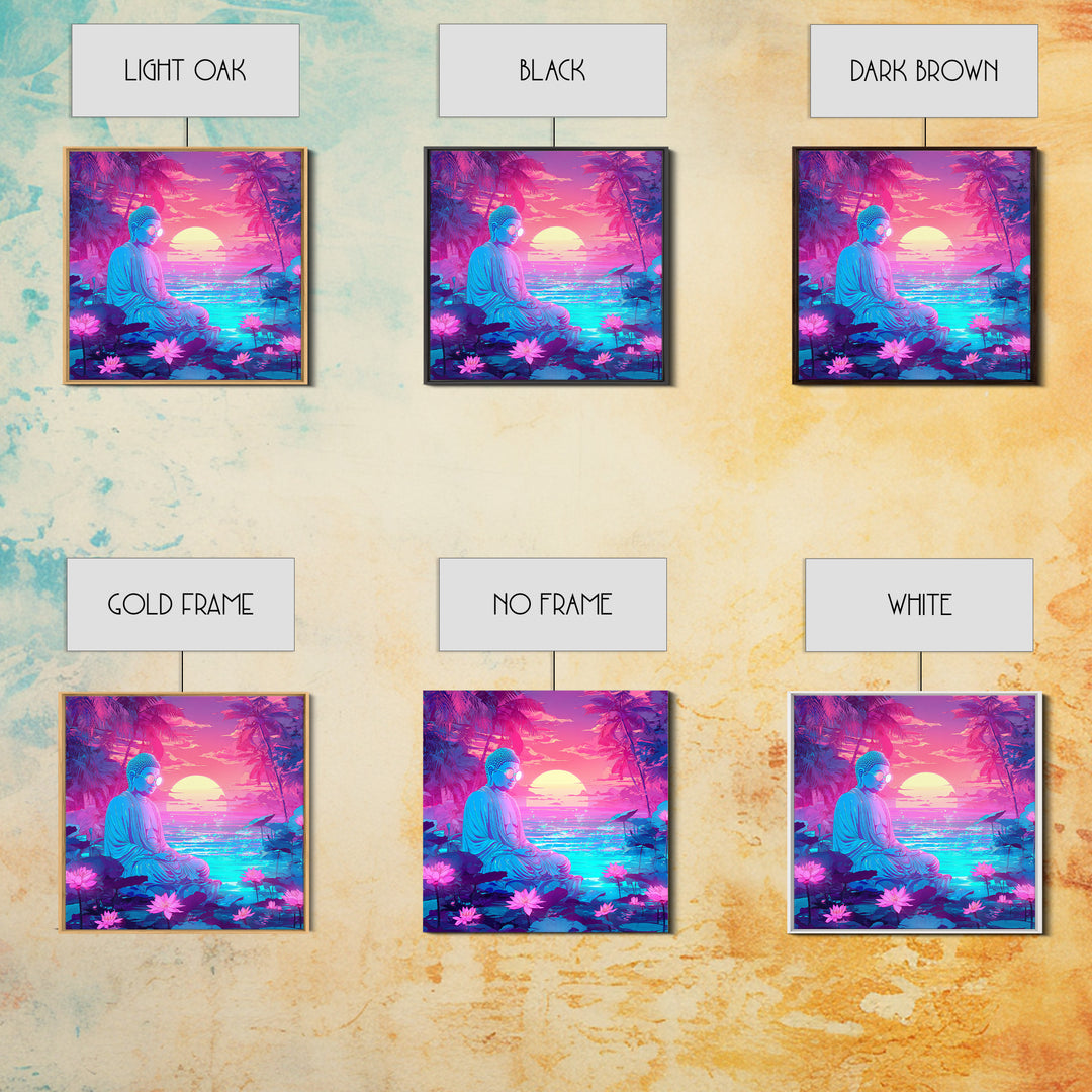 Neon Buddha Meditating By Futuristic Ocean Sunset Wall Art, Psychedelic Zen Lotus Canvas Print