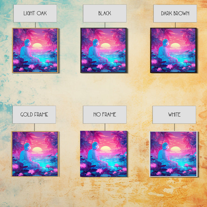 Neon Buddha Meditating By Futuristic Ocean Sunset Wall Art, Psychedelic Zen Lotus Canvas Print