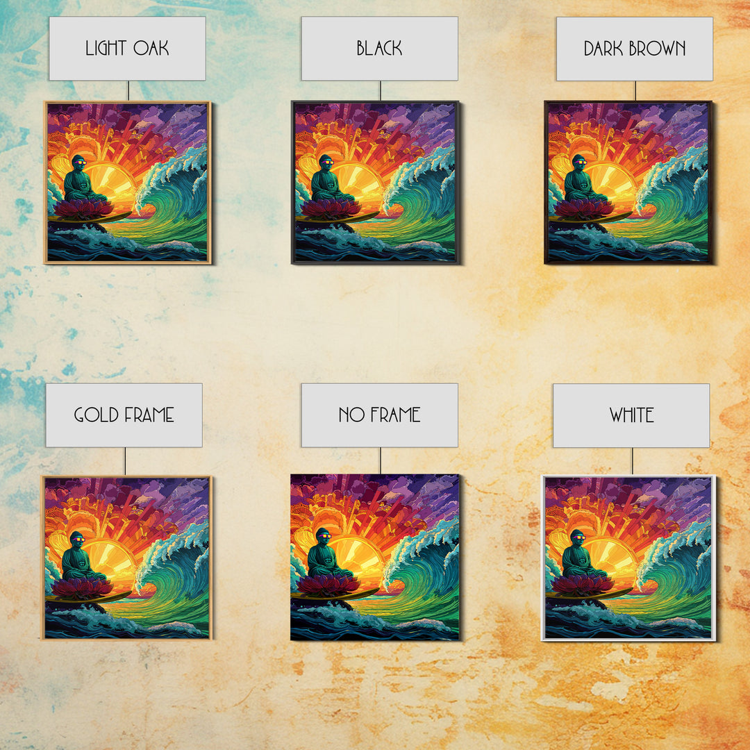 Psychedelic Surfing Buddha In Neon Sunset Waves Wall Art, Trippy Spiritual Canvas Print, Modern Boho Home Decor