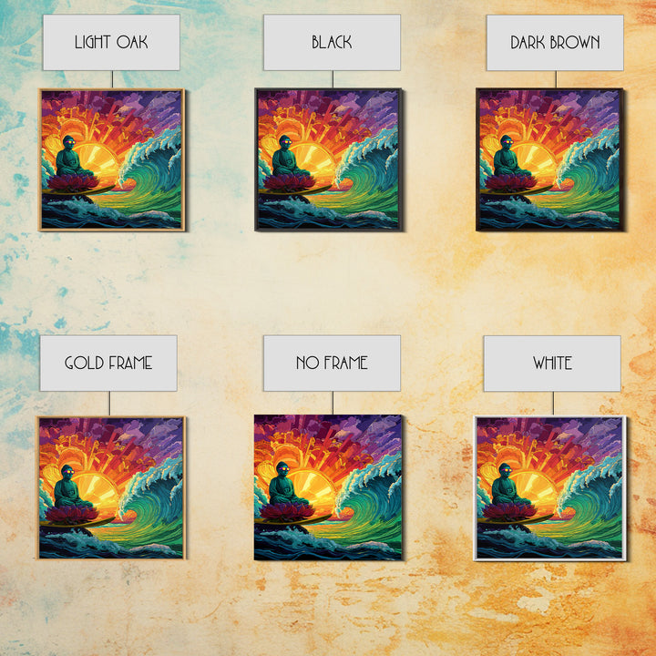 Psychedelic Surfing Buddha In Neon Sunset Waves Wall Art, Trippy Spiritual Canvas Print, Modern Boho Home Decor