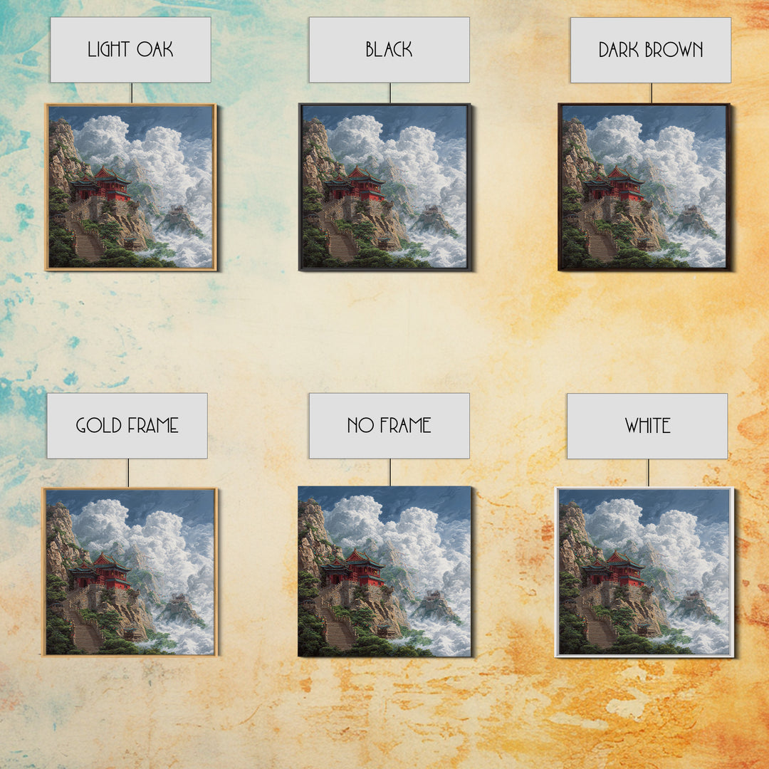 Temple Above The Clouds Fantasy Mountain Landscape Wall Art, Asian Inspired Nature Home Decor, Large Canvas Print