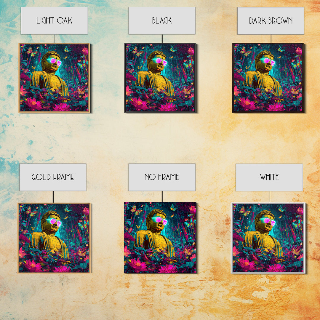 Neon Jungle Buddha With Butterflies Wall Art, Psychedelic Spiritual Canvas Print, Colorful Boho Home Decor