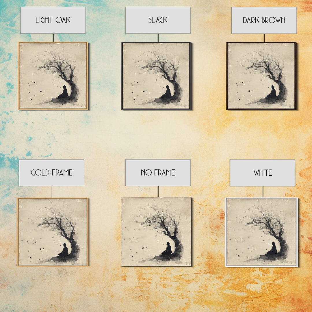 Calm Minimalist Ink Style Buddha Silhouette Under Tree Tranquil Wall Art Canvas Print Meditation Room Décor