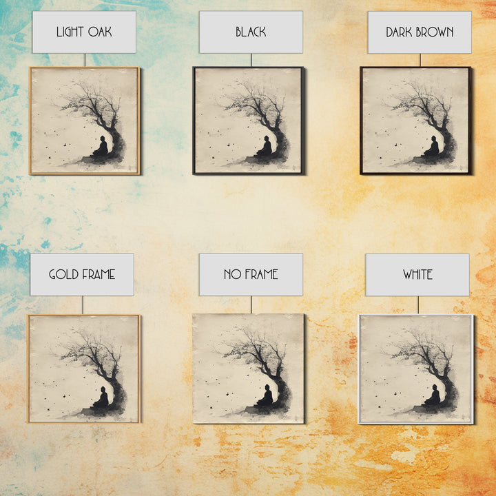 Calm Minimalist Ink Style Buddha Silhouette Under Tree Tranquil Wall Art Canvas Print Meditation Room Décor