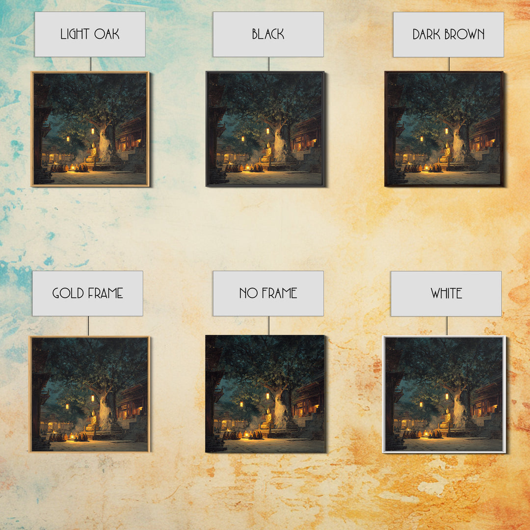 Moonlit Temple Gathering Wall Art, Mystical Night Buddha Landscape Canvas Print, Moody Spiritual Home Decor