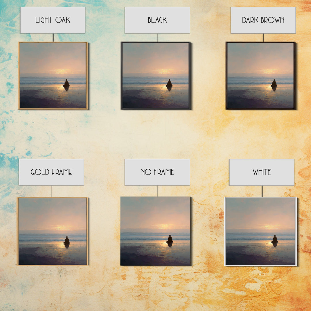 Meditation On Beach At Sunrise Wall Art, Minimalist Zen Seascape Canvas Print For Calming Bedroom Or Yoga Room Decor