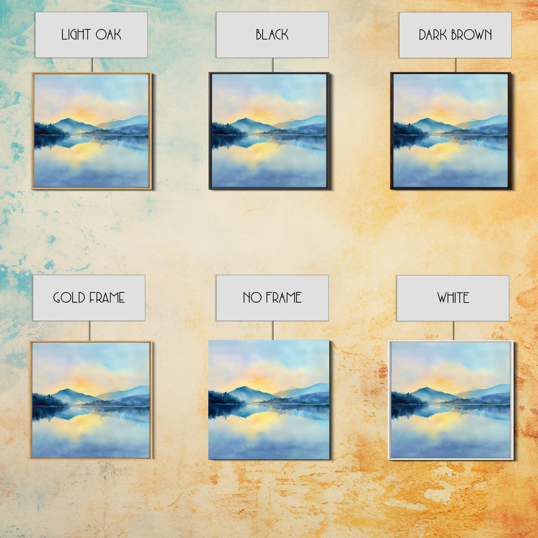Soft Watercolor Mountain Lake Sunrise Wall Art, Calming Landscape Canvas Print, Serene Bedroom And Living Room Decor