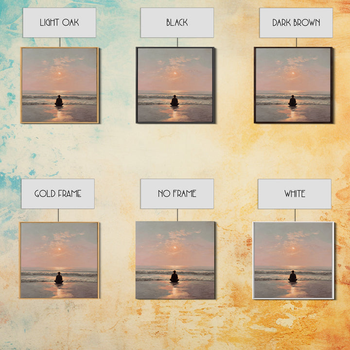 Sunset Beach Meditation Figure Wall Art, Serene Mindfulness Canvas Print, Calming Coastal Zen Bedroom Decor