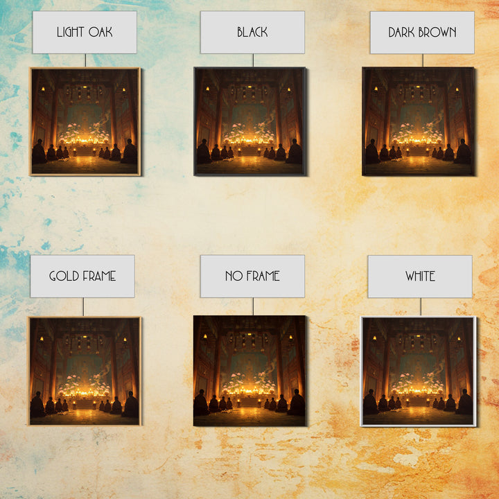 Golden Temple Meditation Wall Art, Monks And Candles Spiritual Print, Zen Decor, Calming Asian Inspired Artwork For Living Room Or Altar
