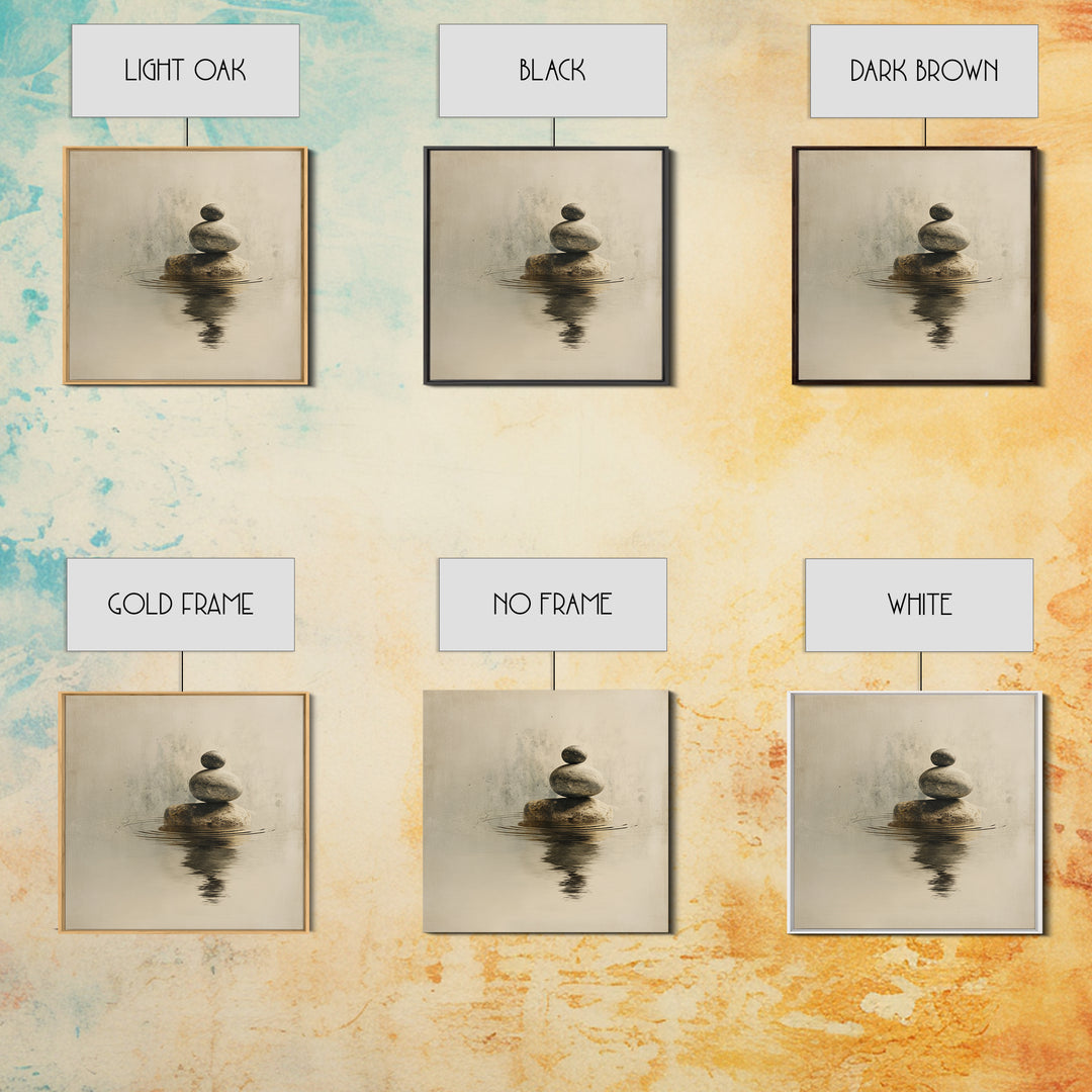 Minimal Zen Rock Stack In Still Water Wall Art, Neutral Japandi Canvas Print, Calming Wabi Sabi Decor For Modern Home