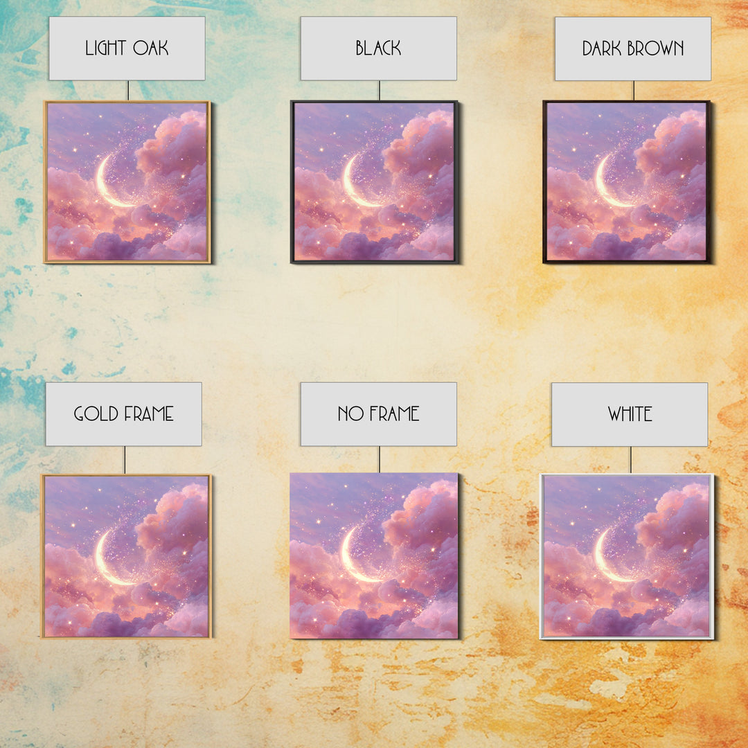 Glowing Crescent Moon In Pink Clouds Wall Art, Celestial Nursery Decor, Dreamy Space Art Print, Whimsical Bedroom Decor Gift